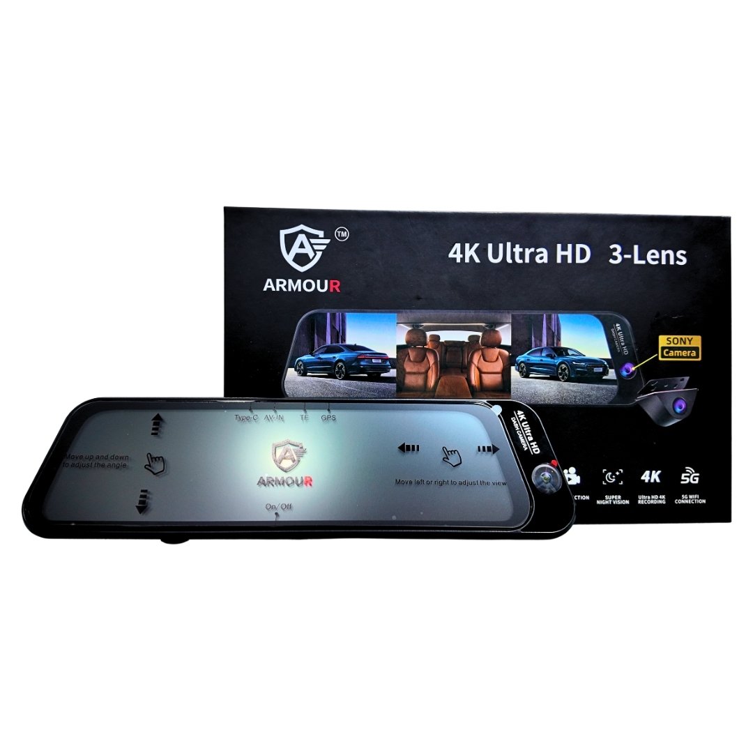 Armour AR30 Pro 4K three-lens dashcam and packaging